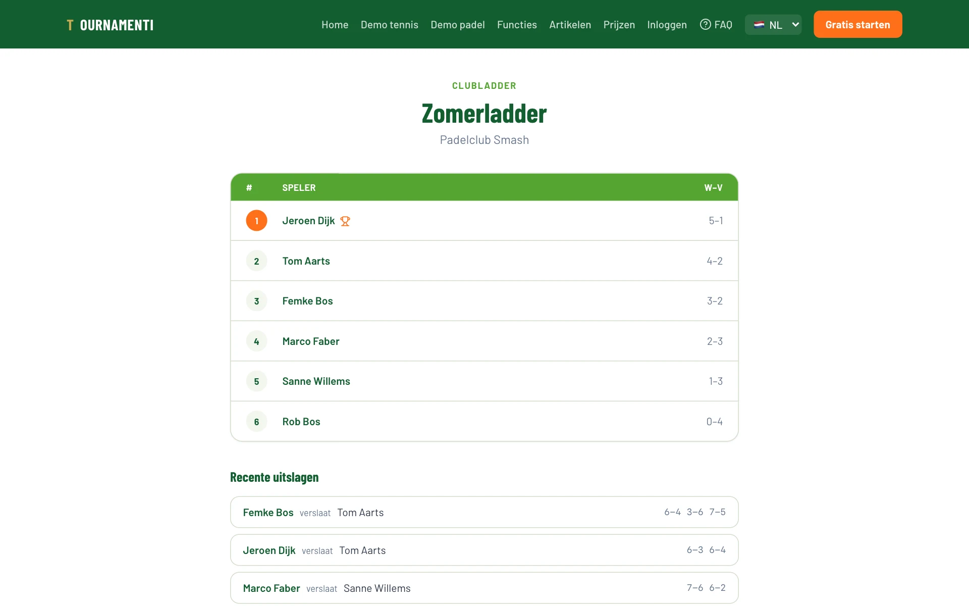 Publieke ladderpagina met stand en recente uitslagen